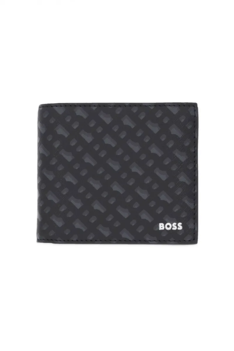 BOSS ΠΟΡΤΟΦΟΛΙ ZAIR MN 4CC COIN ALL OVER LOGO ΜΑΥΡΟ-ΓΚΡΙ