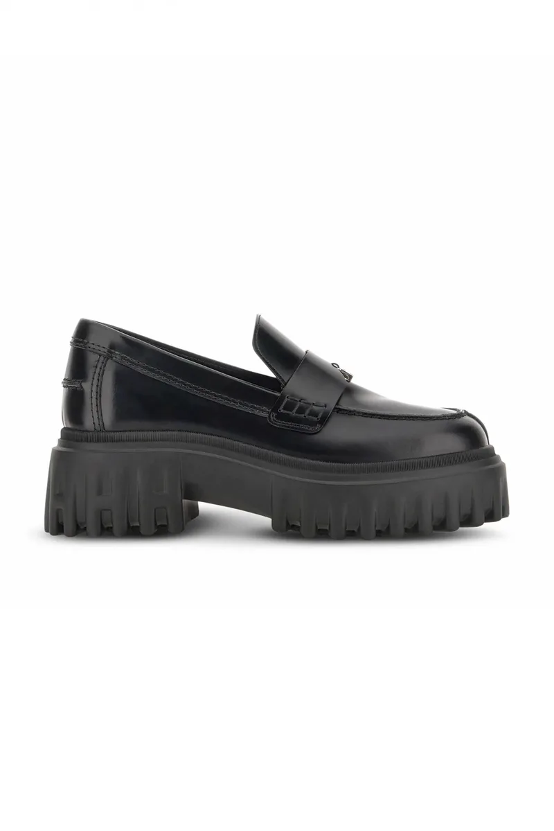 HOGAN ΠΑΠΟΥΤΣΙΑ ΜΟΚΑΣΙΝΙΑ H700 MOCASSINO LOGO ΜΕΤΑΛΛΙΚΟ ΜΑΥΡΟ