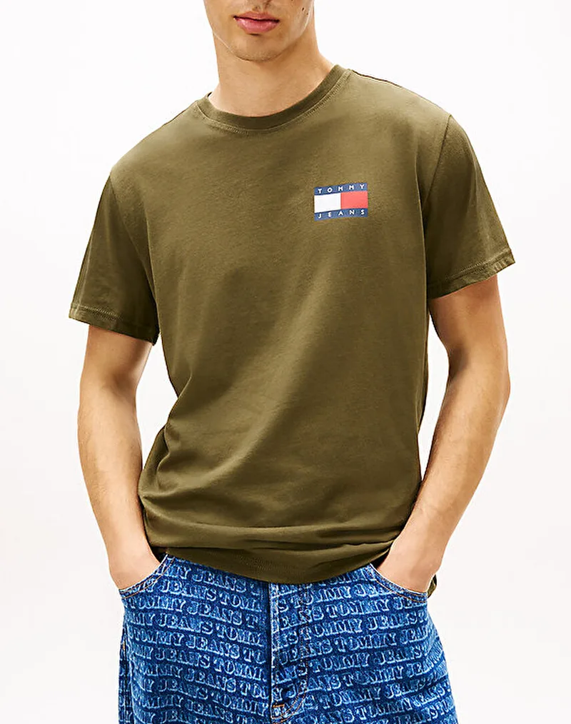 TOMMY JEANS TJM SLIM ESSENTIAL FLAG TEE EXT NEW DM0DM20740-GY1 Khaki