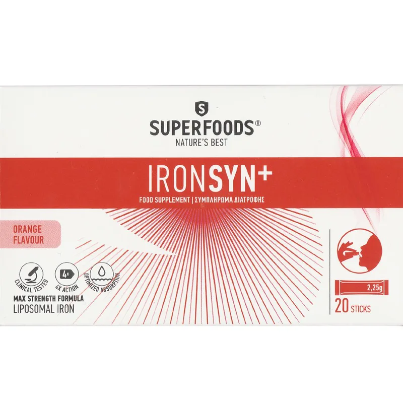 Superfoods Ironsyn+ Συμπλήρωμα Διατροφής Λιποσωμιακού Σιδήρου, Βιταμινών & Προβιοτικών για την Αντιμετώπιση της Σιδηροπενίας Κατά της Κούρασης & Κόπωσης με Γεύση Πορτοκάλι 20Sticks