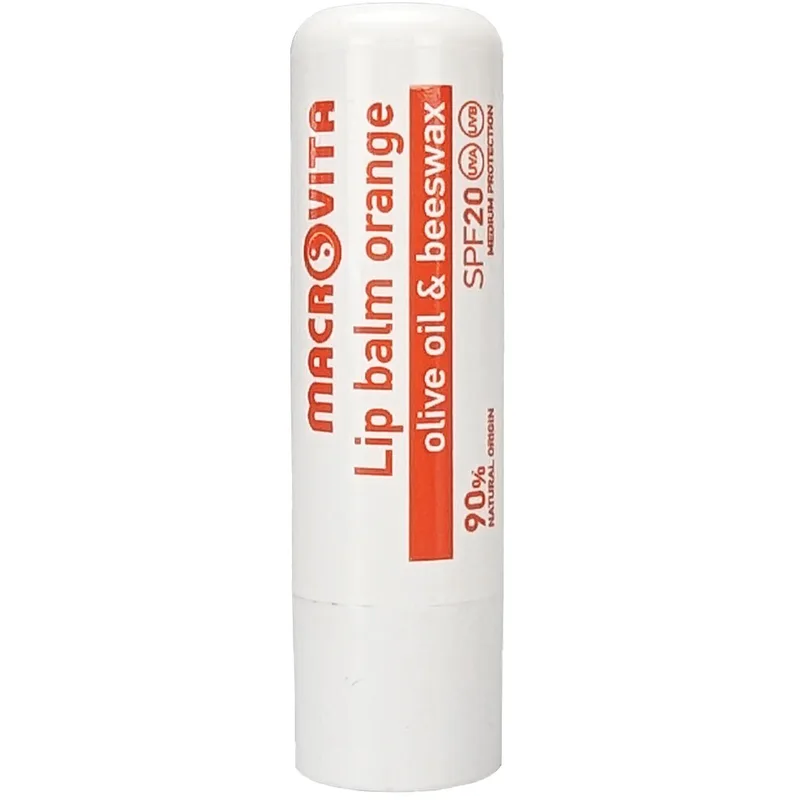 Macrovita Πορτοκαλί Olive Oil & Beeswax Lip Balm Spf20 Ενυδατικό Βάλσαμο Χειλιών Μέτριας Αντηλιακής Προστασίας με Λάδι Ελιάς, Κερί Μέλισσας & Γεύση Πορτοκάλι 4.8gr