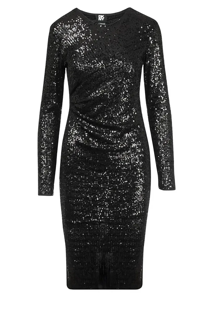 DKNY γυναικείο midi φόρεμα μονόχρωμο με all-over σχέδιο με παγιέτα - D2G4A143 Μαύρο