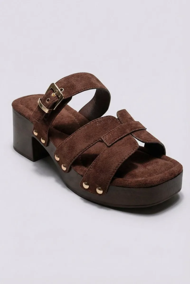 Ideal shoes Platform Mules Block Heel - 3002 - Brown Suede