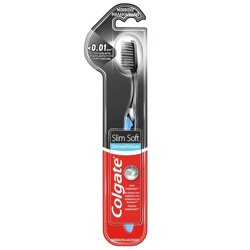 Colgate Charcoal Slim Soft Toothbrush Οδοντόβουρτσα με Εξαιρετικά Λεπτές - Απαλές Ίνες Καθαρισμού, Εμποτισμένες με Ξυλάνθρακα 1 Τεμάχιο - Μπλε