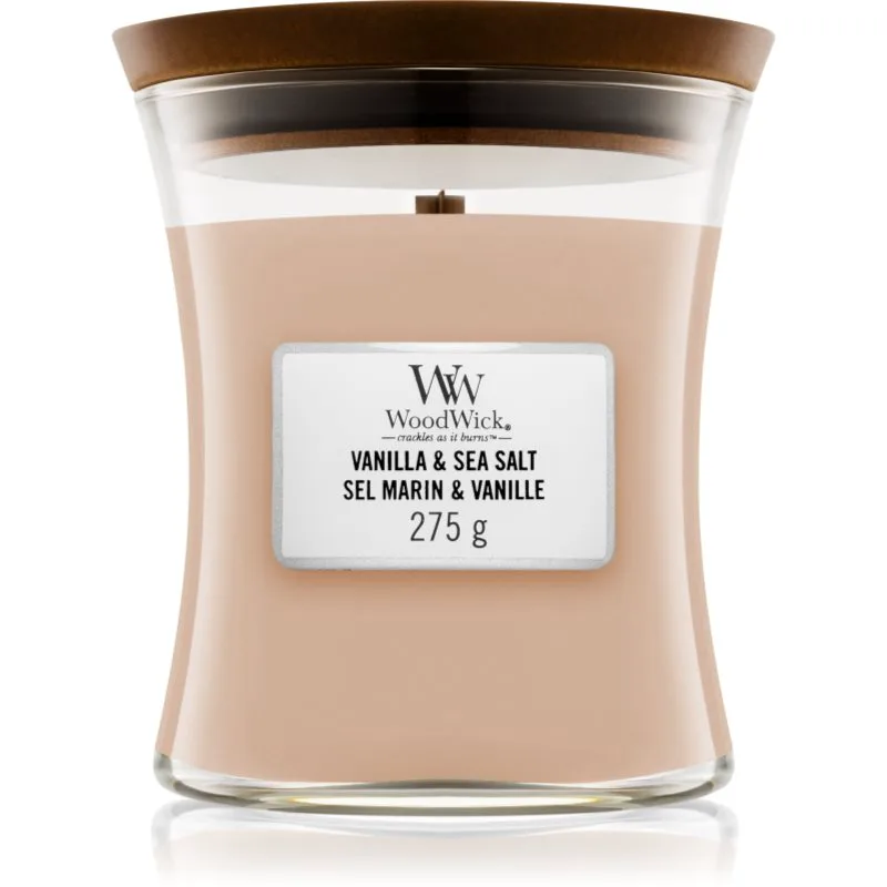 Woodwick Vanilla & Sea Salt αρωματικό κερί με ξύλινο φιτίλι 275 γρ