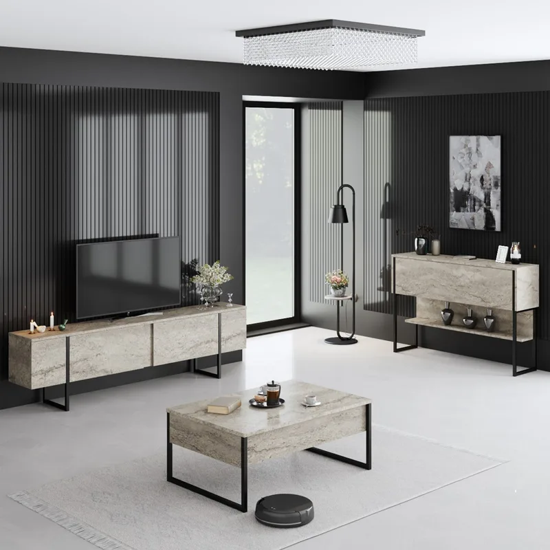 Σετ Επίπλων Σαλονιού Luxe Set - Travertine, Black 618Bly1227 (180x47x30 cm)