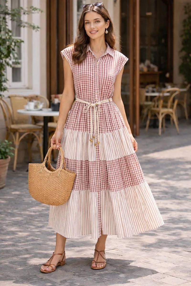 Midi Φόρεμα Καρό Με Ζώνη Και Βολάν | Dress Up Μπορντό