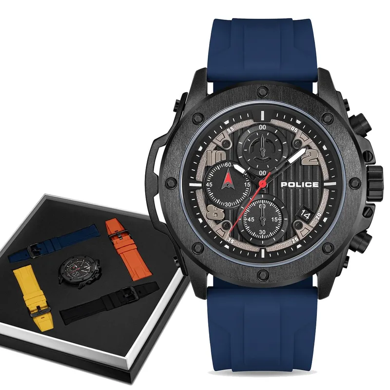 POLICE Clout Orb Chronograph Gift Set - PEWGO00777X1, Black case with Multicolor Rubber Strap
