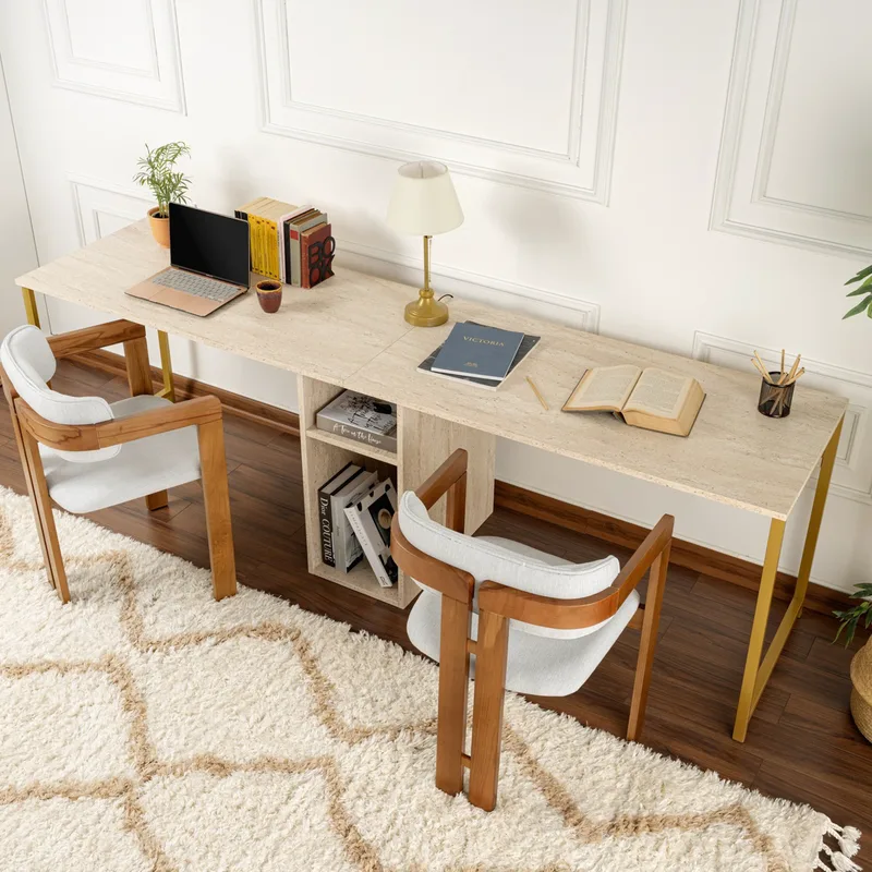 Γραφείο Μελέτης Twin Study Desk - Travertine, Χρυσό 241Nrd1107 (240x74x60)