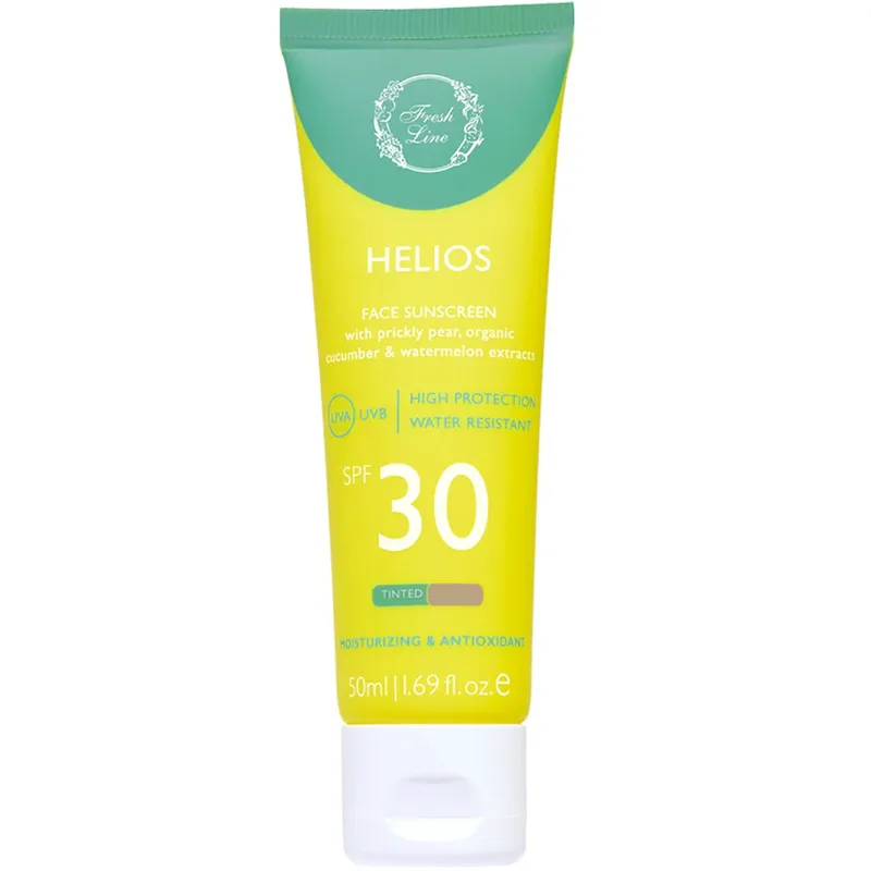 Fresh Line Helios Face Tinted Spf30 Sunscreen Cream Αντηλιακή Κρέμα Προσώπου με Χρώμα Υψηλής Προστασίας με Εκχυλίσματα από Φραγκόσυκο, Βιολογικό Αγγούρι & Καρπούζι 50ml