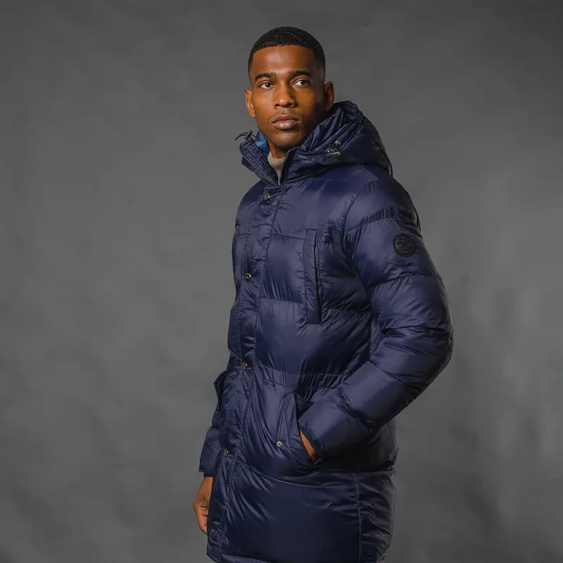 Padded Long Jacket Μπλε Σκούρο με Κουκούλα (Modern Fit)