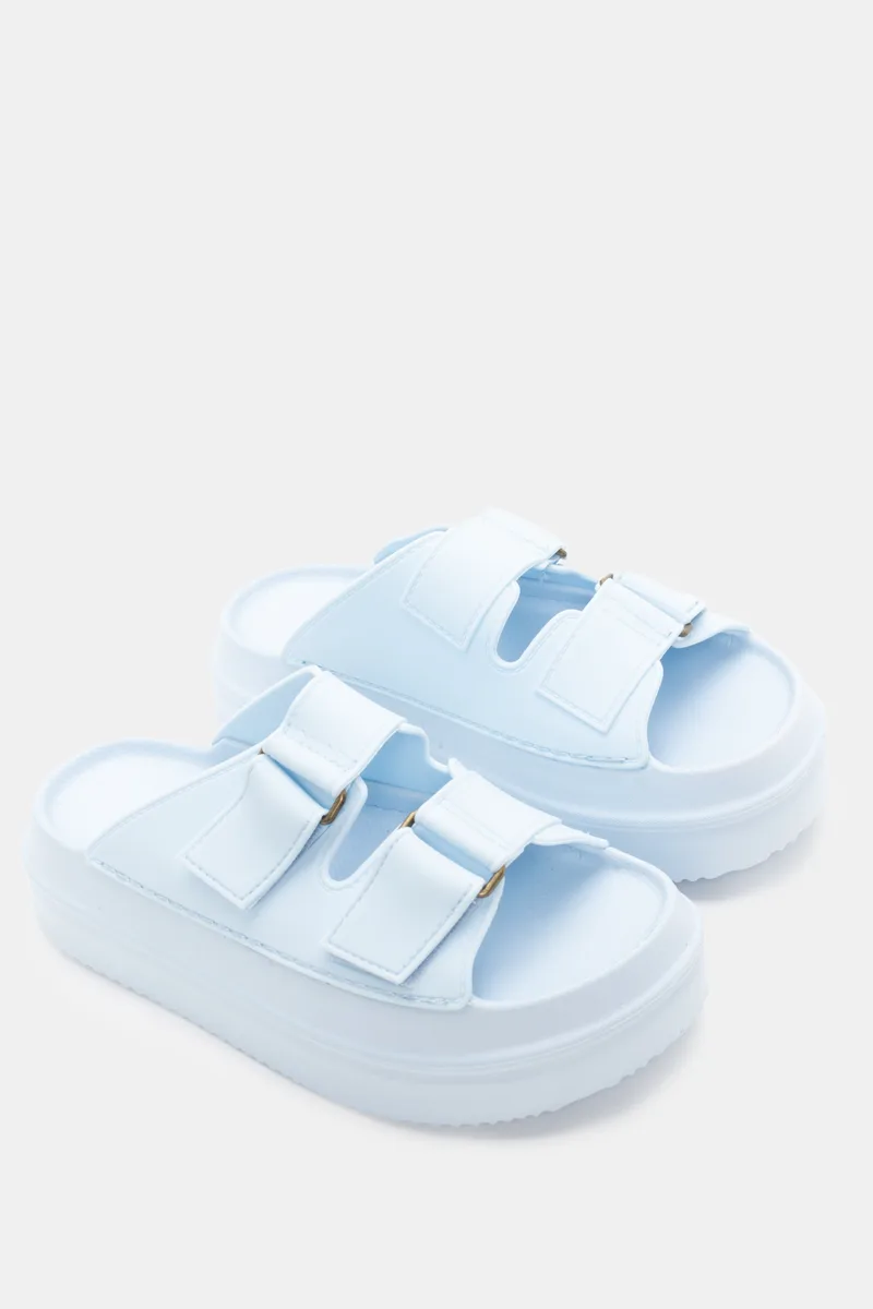 Παντόφλες Flatform με Διπλά Λουράκια και Velcro - Γαλάζιο