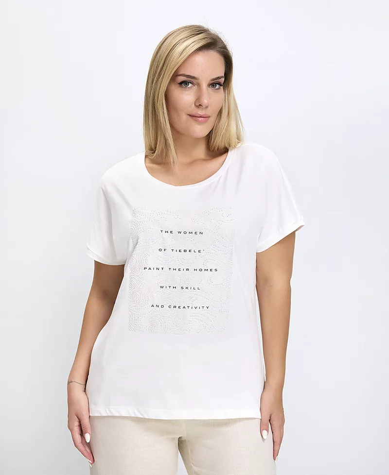 T-Shirt Γυναικείο Regular Fit Βαμβακερό Με Print Και Στρας Λευκό