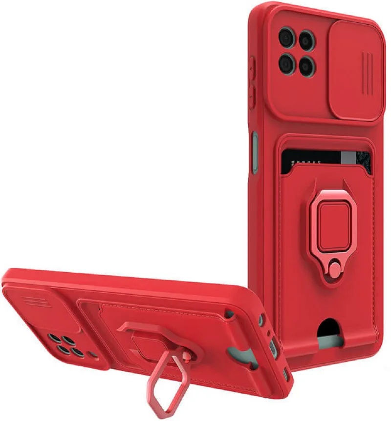 Bodycell Multifunction - Ανθεκτική Θήκη Samsung Galaxy A22 5G με Λουράκι Λαιμού / Κάλυμμα Κάμερας / Ring Holder / Υποδοχή Κάρτας - Red (5206015012631)