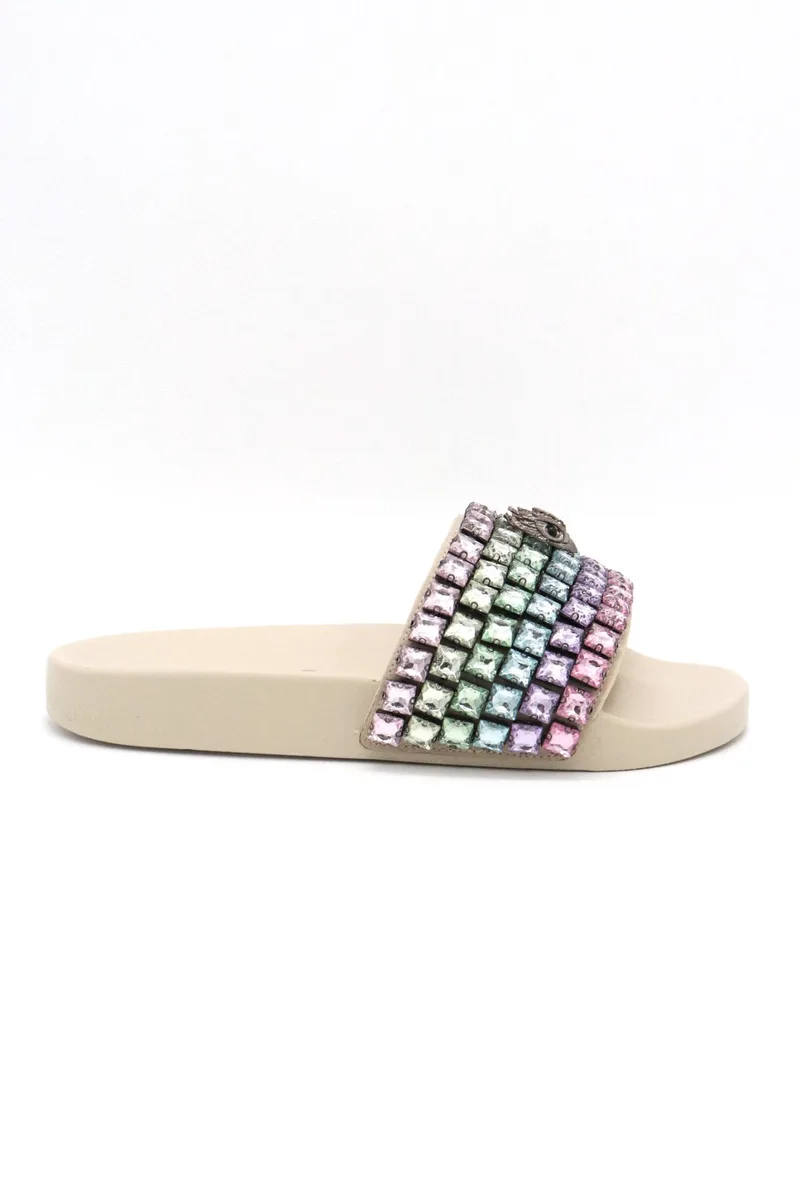KURT GEIGER ΠΑΠΟΥΤΣΙΑ ΠΑΝΤΟΦΛΕΣ MEENA EAGLE JEWEL ΜΕΤΑΛΛΙΚΕΣ ΠΕΤΡΕΣ ΠΟΛΥΧΡΩΜΕΣ LOGO ΜΠΕΖ
