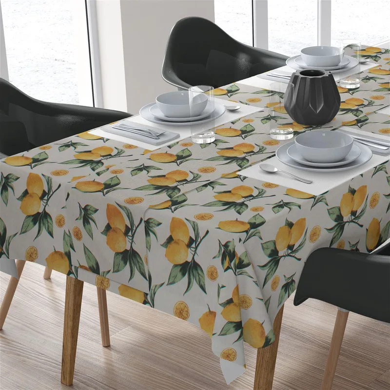 Σετ Τραπεζομάντηλο & Runner Εμπριμέ Polycotton Αλέκιαστο 140x220εκ.-40x220εκ. Lemon 457 White-Yellow DimCol (Χρώμα: Λευκό, Ύφασμα: 70% Βαμβάκι-30% Polyester) - DimCol - 19368800114457WY