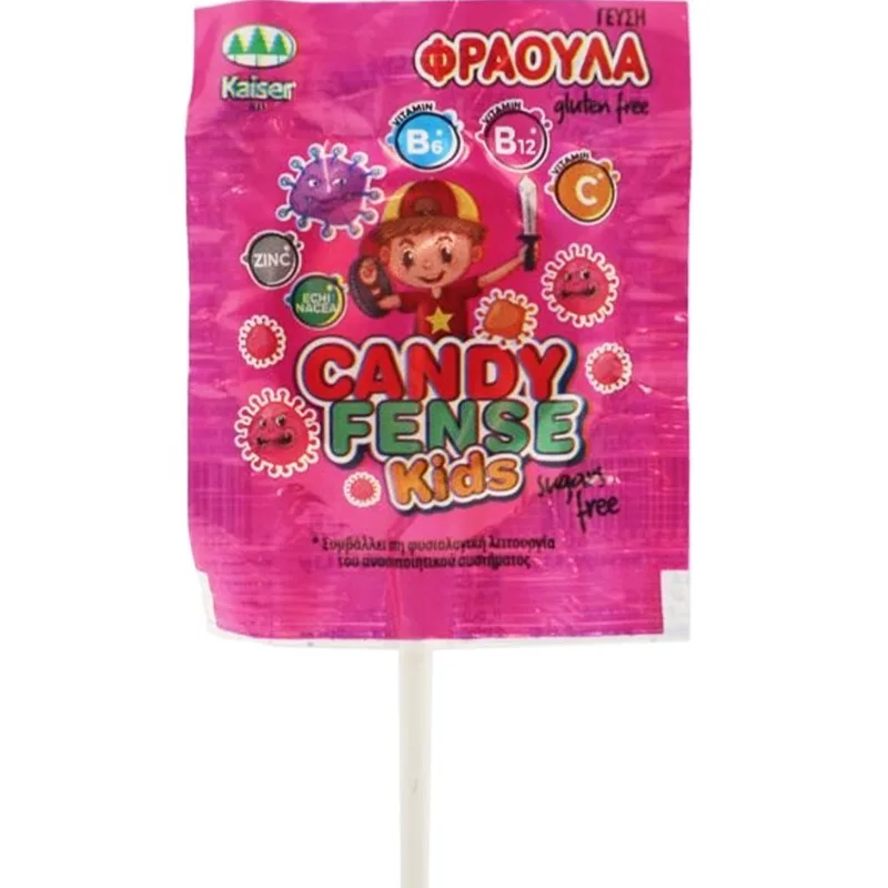 Kaiser Candyfense Kids Lollipop with Vitamins Γλειφιτζούρι Εμπλουτισμένο με Βιταμίνες & Πλούσια Γεύση 1 Τεμάχιο - Φράουλα
