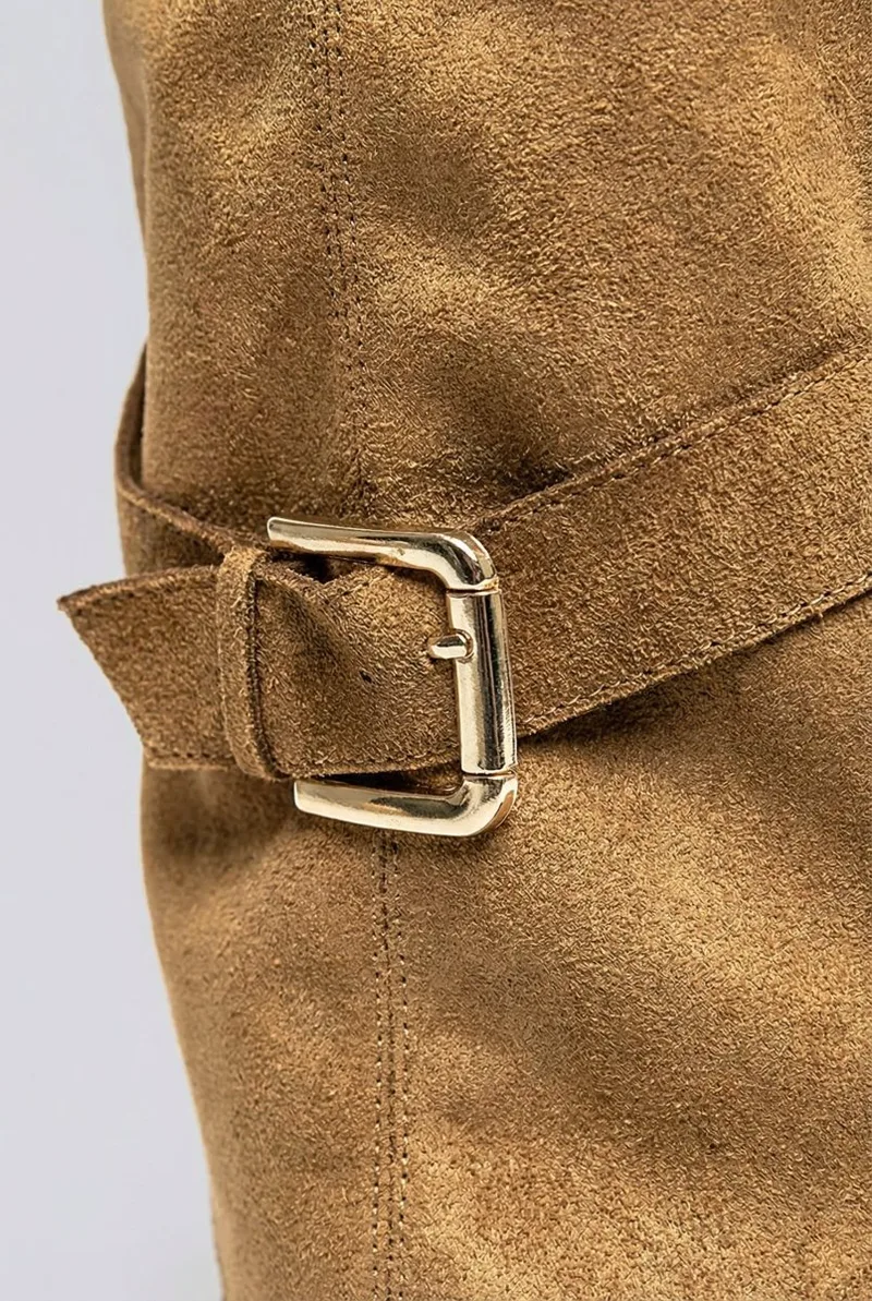 Ideal shoes Open Toe Mid Calf Boots - 2830 - Tan Suede