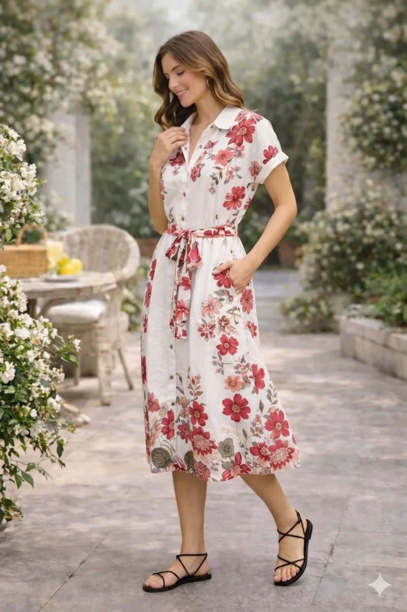 Φόρεμα Maxi Floral Με Ζώνη Κόκκινο