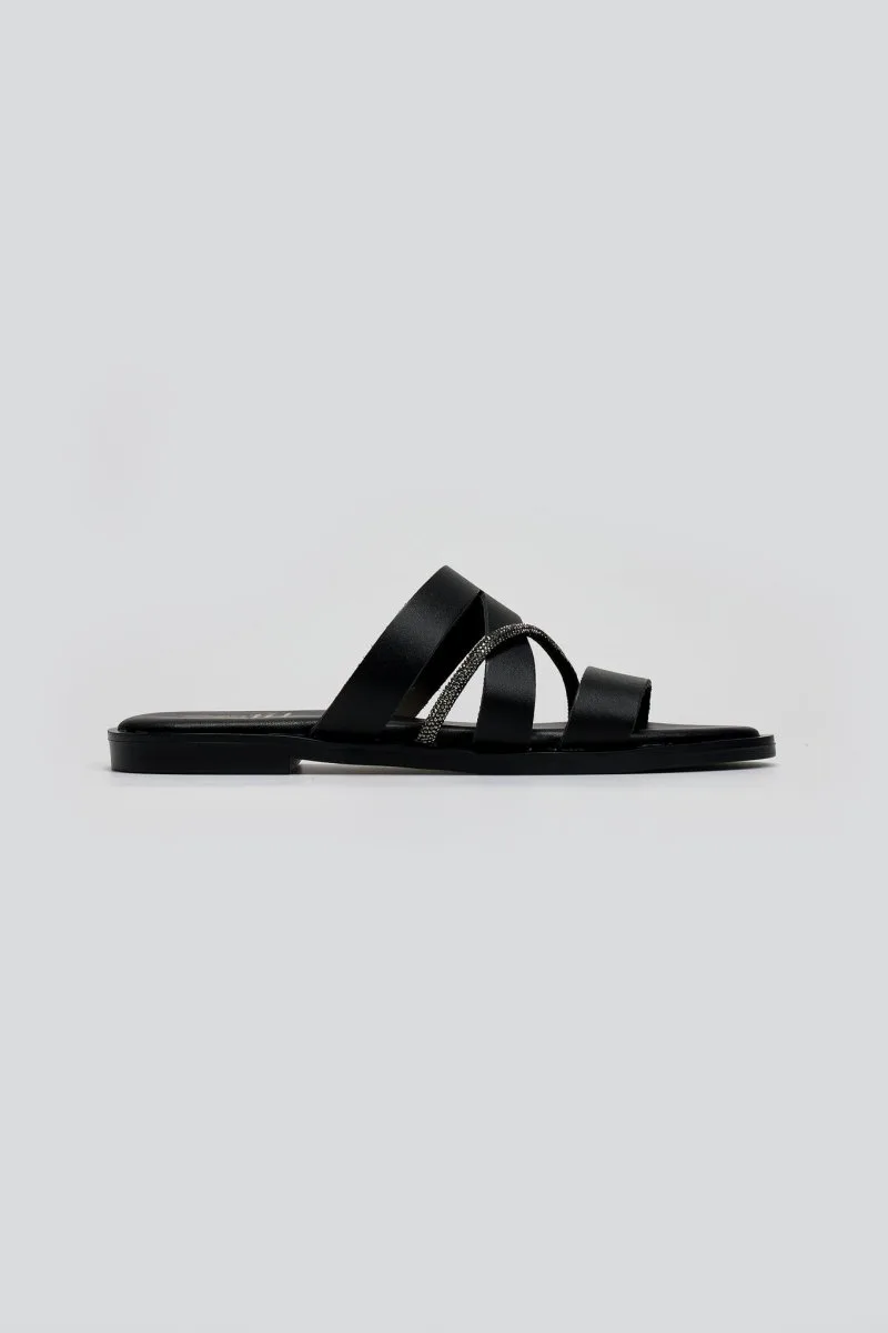 Estil Leather Sandals with Rhinestones - 1128NK (ματ) - Black