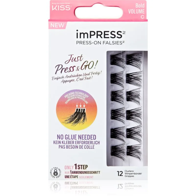 KISS imPRESS Just Press & GO ! αυτοκόλητες βλεφαρίδες σε τουφάκια χωρίς κόμπο Bold Volume C 12 τμχ