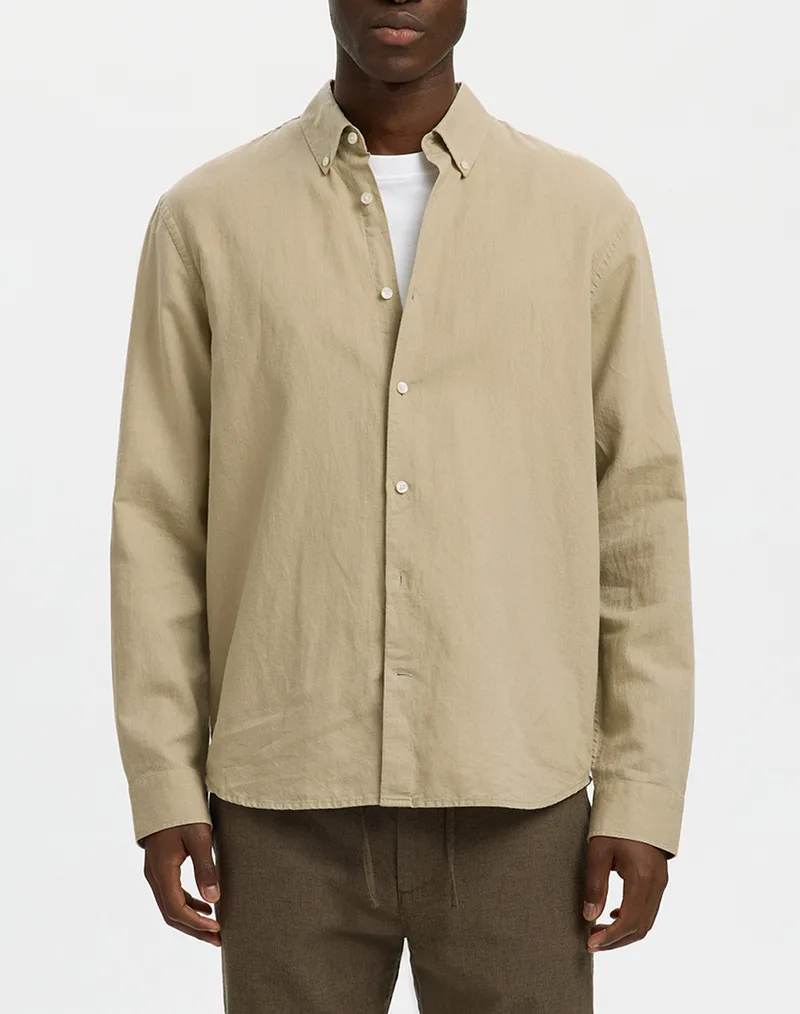 SELECTED SLMREGCLAUS CLAY LINENBLEND LS SHT NOOS 16100084-Pure Cashmere Biege