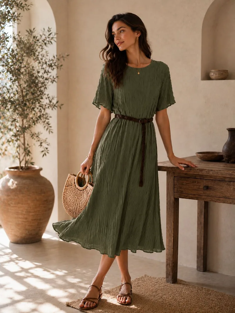 Midi Φόρεμα Πλισέ Με Ζώνη & Κοντό Μανίκι – Χακί | Dress Up Χακί