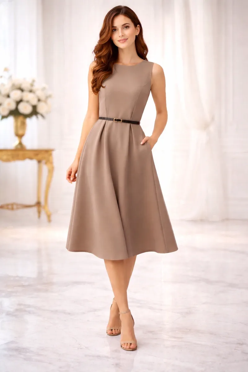 Καφέ Midi Φόρεμα σε Α-Γραμμή με Ζώνη | Dress Up Καφέ