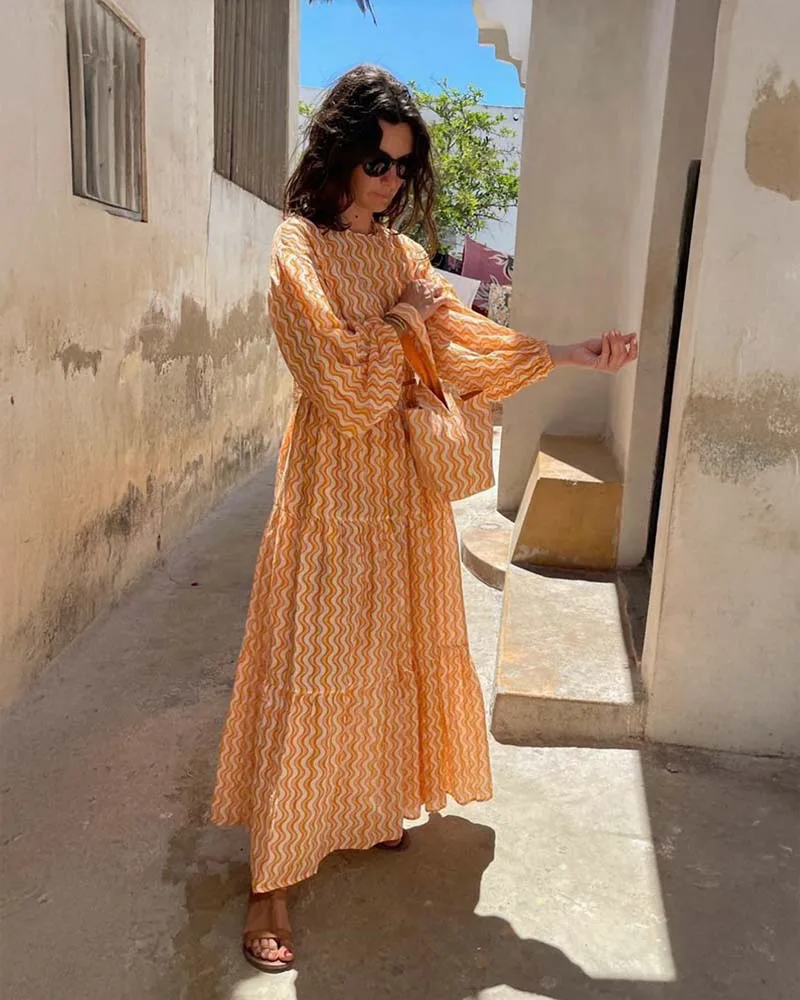 MIRA ΓΥΝΑΙΚΕΙΑ BOHO ΣΕΤ TOΠΑΚΙ ΦΟΥΣΤΑ (ΠΟΡΤΟΚΑΛΙ-ΛΕΥΚΟ)