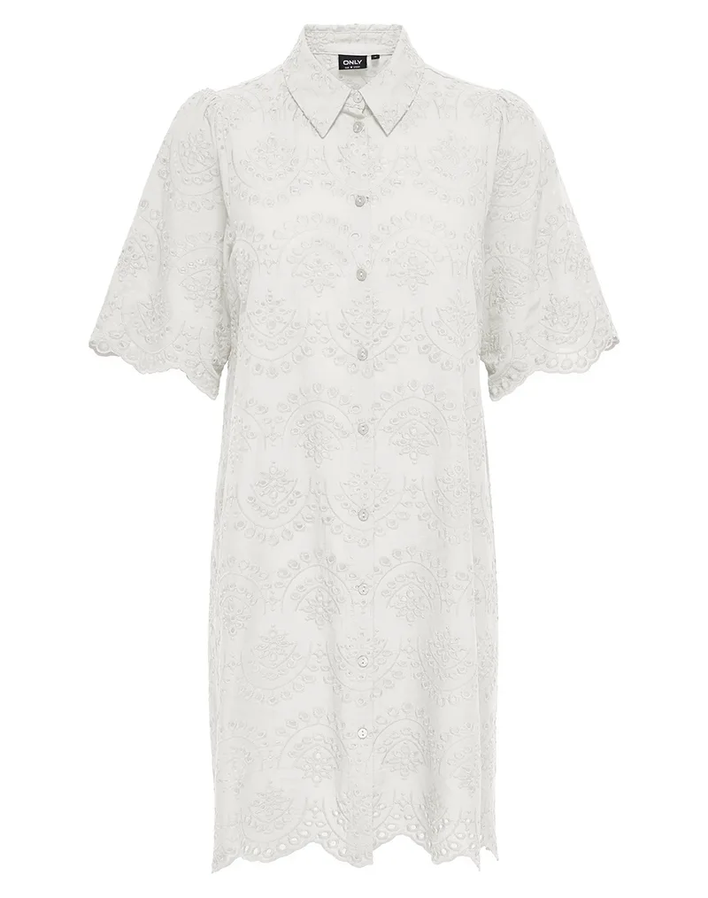 ONLY ONLVALAIS SS EMB. DRESS WVN FR 15378022-Cloud Dancer White