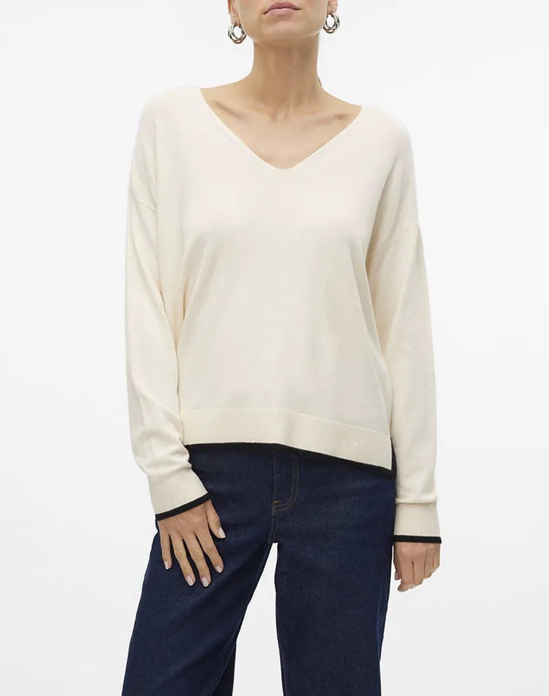 VERO MODA VMBREEZE LS V-NECK PULLOVER BOO 10311090-BirchW. BLACK CONTRAST OffWhite