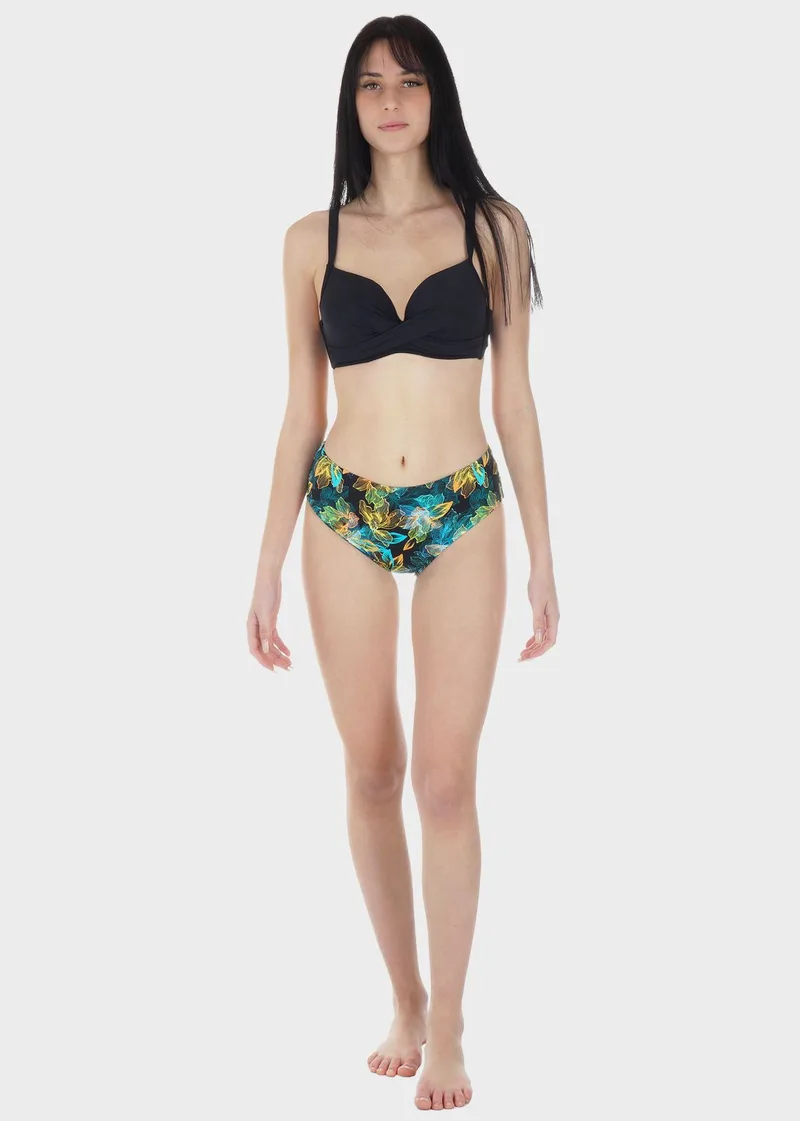 Γυναικείο σετ μαγιό bikini ενσωματωμένη ενίσχυση slip all print.Καλύπτει D-E CUP ΜΑΥΡΟ