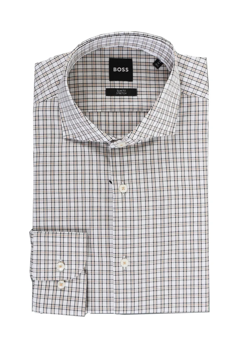 BOSS ΠΟΥΚΑΜΙΣΟ ΚΑΡΩ SLIM FIT STRETCH H-HANK-SPREAD-C1-222 ΜΠΕΖ