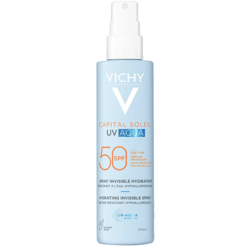 Vichy Capital Soleil UV-AQUA Spf50 Invisible Spray Ενυδατικό Αντηλιακό Γαλάκτωμα Σώματος σε Spray Υψηλής Προστασίας με Ανάλαφρη & Αόρατη Αίσθηση, σαν το Νερό 200ml