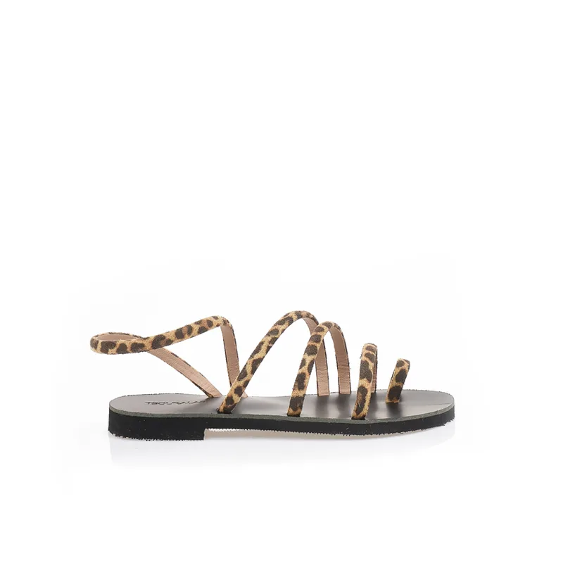 Σανδάλια χειροποίητα animal print δερματίνη με σουέτ λουράκια και σχέδιο δαχτυλίδι με μαύρο πάτο ΜΑΥΡΟ
