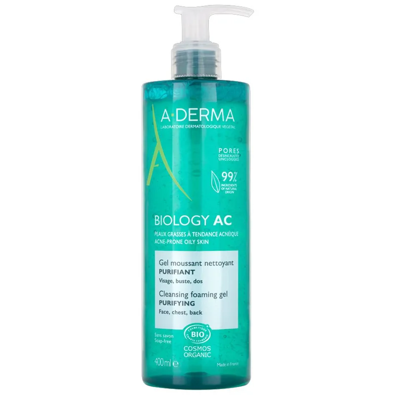 A-Derma Biology-AC Cleansing Foaming Gel Καθαρισμού Προσώπου, Πλάτης & Στήθους, Κατάλληλο για Λιπαρές Επιδερμίδες με Τάση Ακμής 400ml