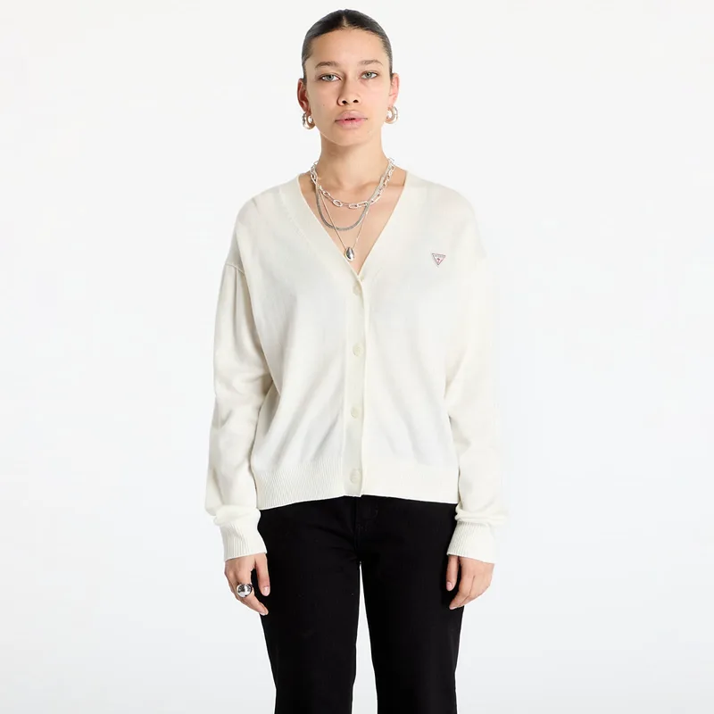 Πουλόβερ Guess JEANS Silk and Wool-Blend Mini Triangle Cardigan Warm White S