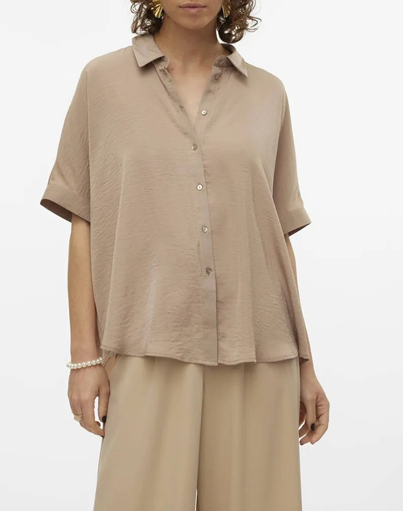 VERO MODA VMKATRINE SS OVERSIZED SHIRT WVN GA NOOS 10298789-Silver Mink SandyBrown