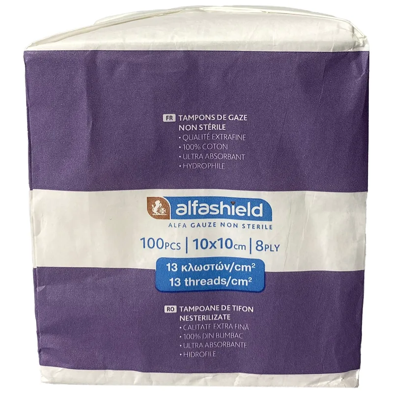 Alfashield Non Sterile Gauze Swabs 10cm x 10cm 8ply Κομπρέσες Γάζας μη Αποστειρωμένες 13 κλωστών/cm2 100 Τεμάχια