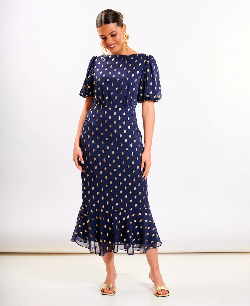 Navy Chiffon Foil Puff Sleeve Midi Dress | Size: 8