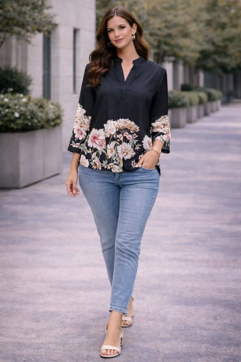Μπλούζα Σατέν Με FLoral Print Σε Μαύρο Χρώμα Μαύρο