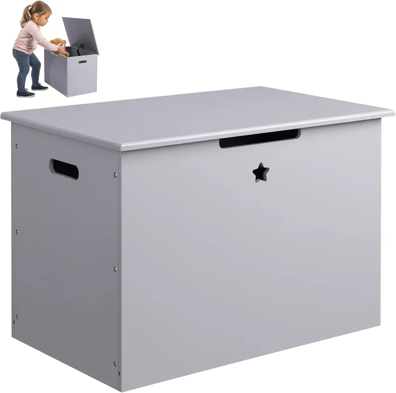 Navaris Wooden Toy Chest - Πτυσσόμενο Παιδικό Σκαμπό / Κουτί με Αποθηκευτικό Χώρο για Παιχνίδια από Ξύλο Πεύκου - Star Design / Grey (55828.02)