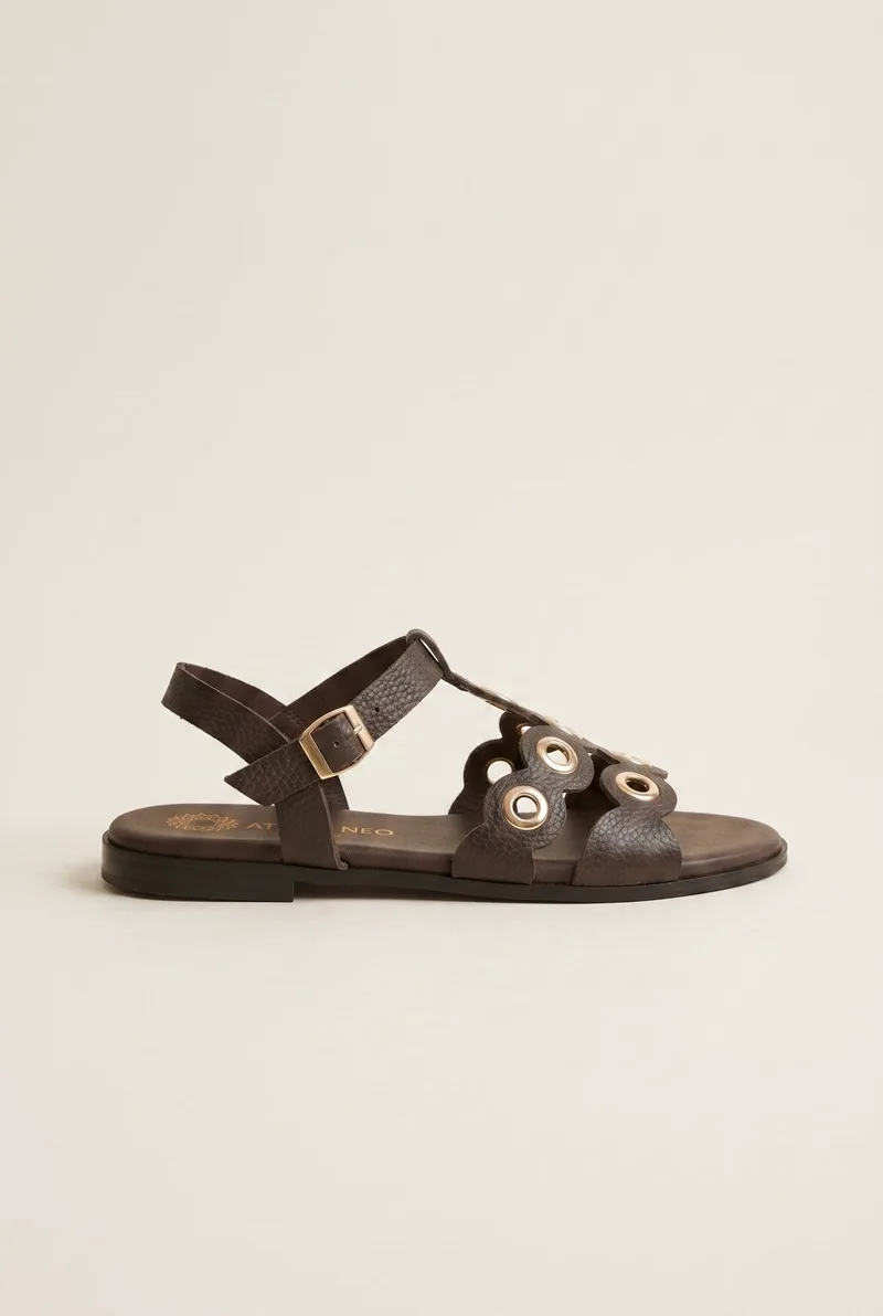ATENEO Studded Sandals Buckle Strap - 65402 - Dark Brown Matte