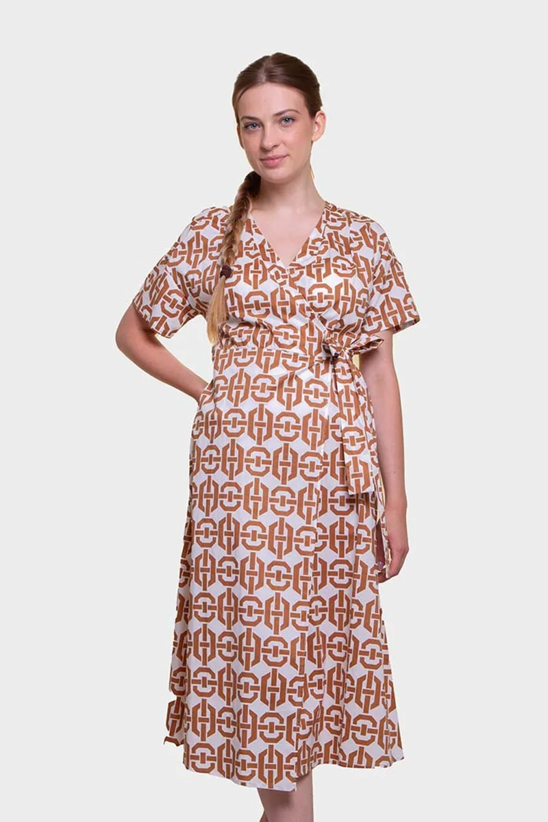 Emme by Marella γυναικείο midi φόρεμα κρουαζέ με geometrical print - 2515221292200 Καφέ Ανοιχτό
