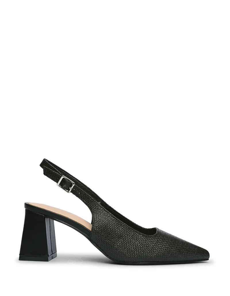 Open heel μυτερές γόβες με χοντρό τακούνι και σχέδιο ψάθας - Μαύρο