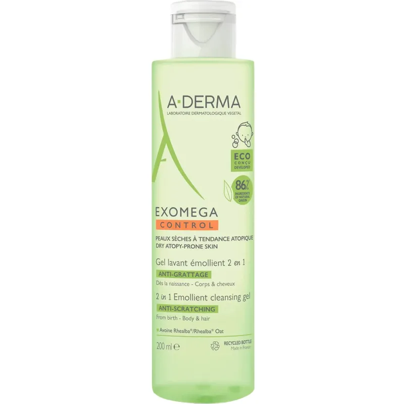 A-Derma Exomega Control 2in1 Anti-Scratching Emolient Cleansing Gel Gel Καθαρισμού για Σώμα - Μαλλιά, Κατάλληλο για Ξηρό Δέρμα με Τάση Ατοπικού Εκζέματος 200ml