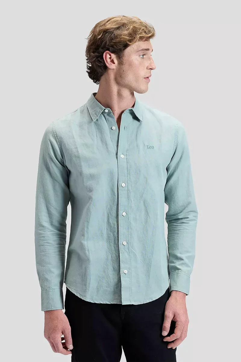 Lee® ανδρικό πουκάμισο με logo print μονόχρωμο Regular Fit - 112376550 Πράσινο Ανοιχτό