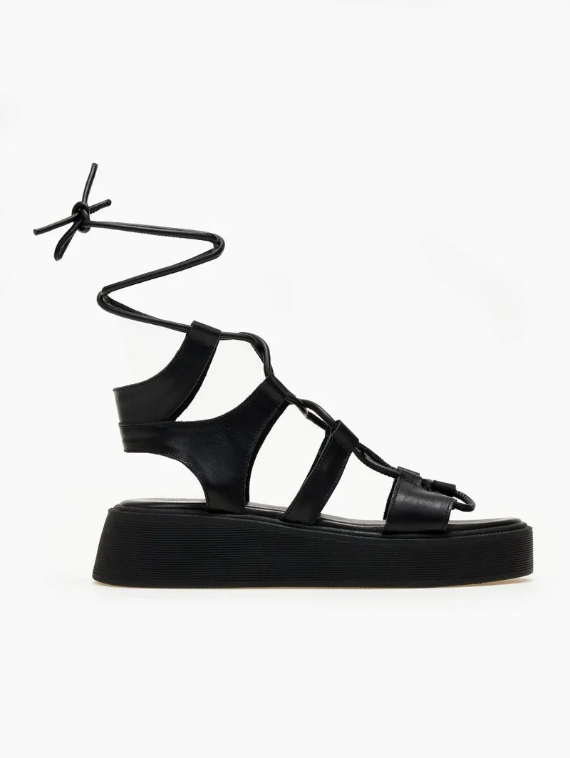TFP Leather Lace-up Flatform Sandals - 4080 - Black