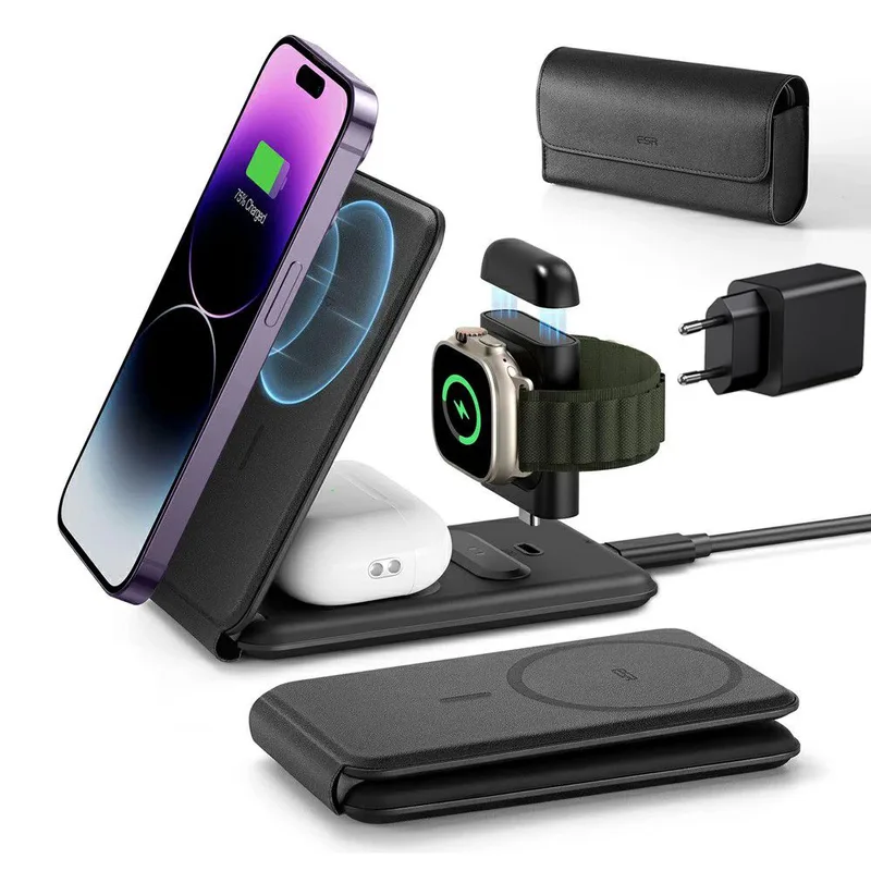 ESR Qi2 MagSafe 3-in-1 Travel Wireless Charging Set Black