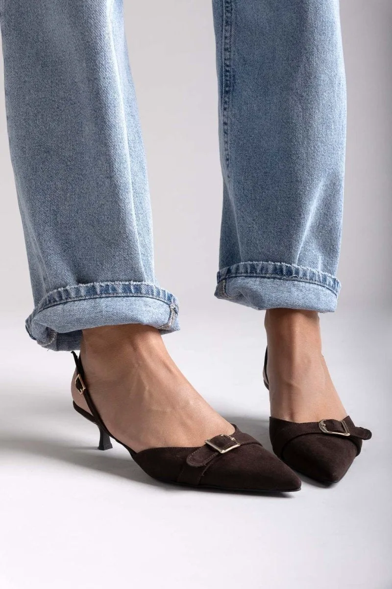 TFP Pointed Slingback Pumps with Kitten Heel - 351 - Brown Suede